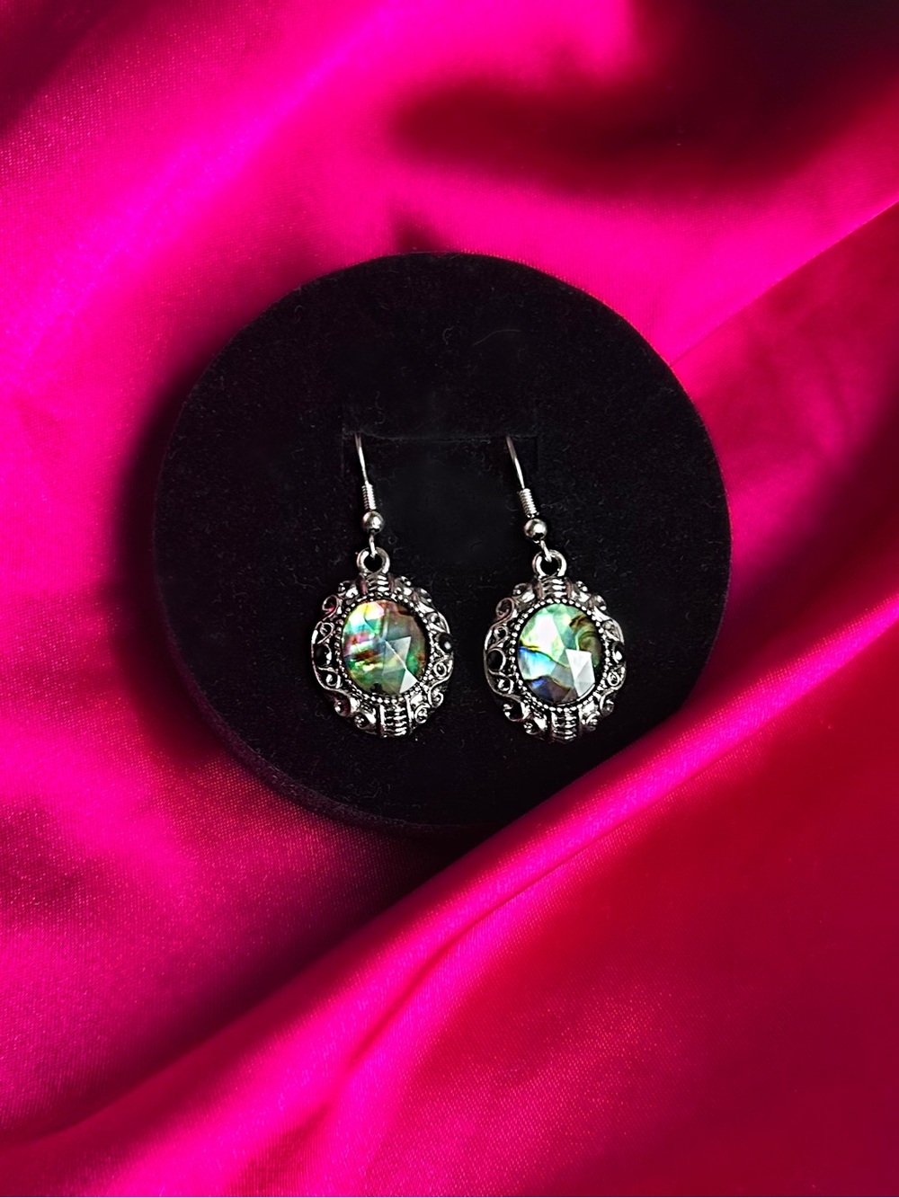 Silver/Tone Filigree Drop Earrings with Iridescent Center